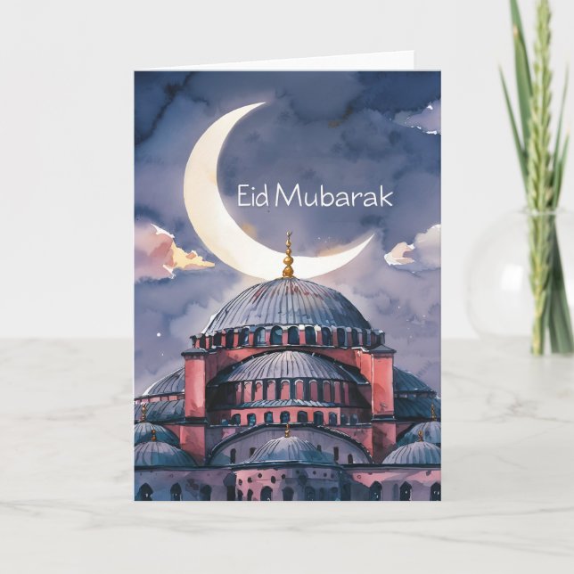 Watercolor Mosque moon Eid Mubarak Crescent moon Holiday Card (Front)