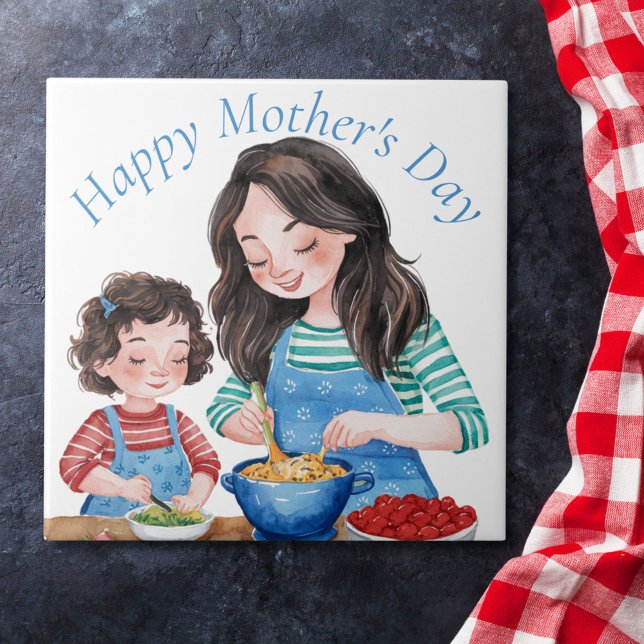 Watercolor Mother & Child Food Prepping Design Ceramic Tile (Creator Uploaded)