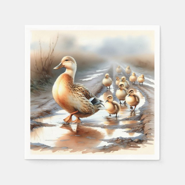 Watercolor Mother Duck With Ducklings Napkins (Front)