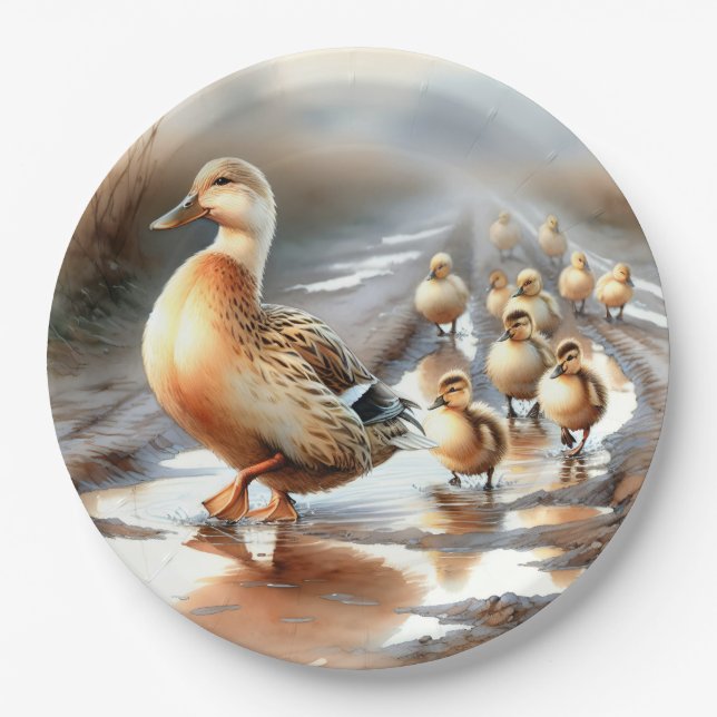 Watercolor Mother Duck With Ducklings Paper Plates (Front)