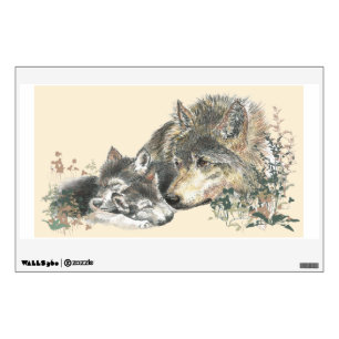 Watercolor Mother Wolf & Cub Animal Art Wall Sticker