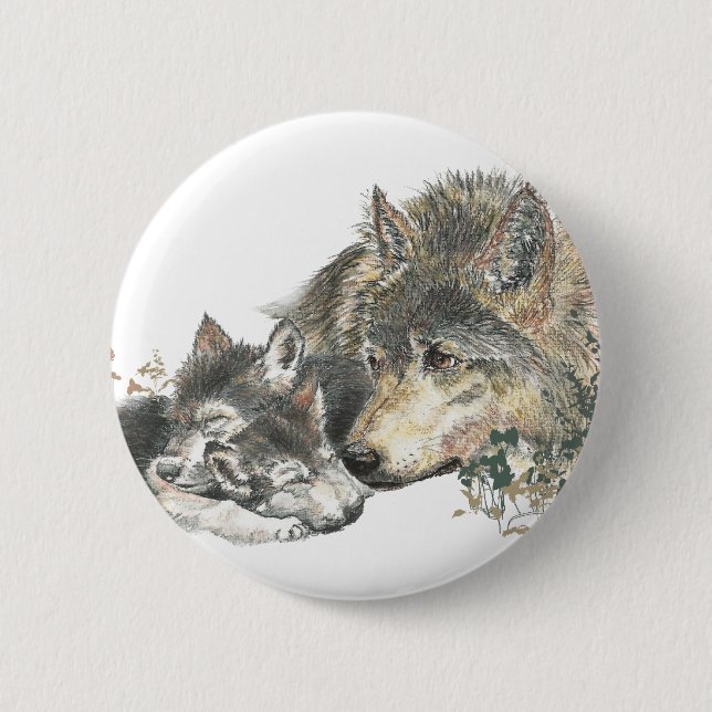 Watercolor Mother Wolf & Cubs Animal Art Button (Front)