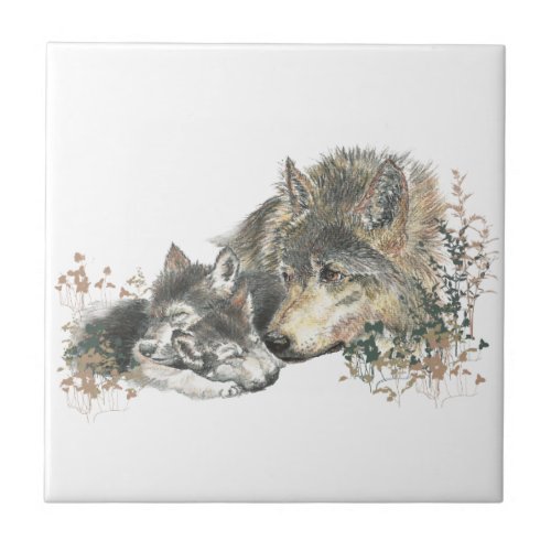 Watercolor Mother Wolf  Cubs Animal Art Ceramic Tile
