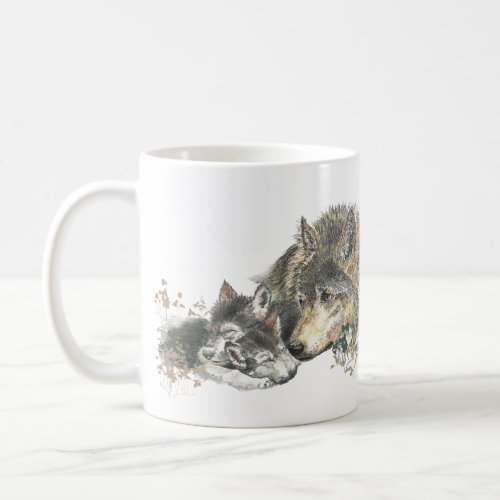 Watercolor Mother Wolf  Cubs Animal Art Coffee Mug