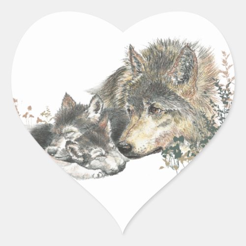 Watercolor Mother Wolf  Cubs Animal Art Heart Sticker
