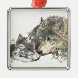 Watercolor Mother Wolf & Cubs Animal Art Metal Ornament