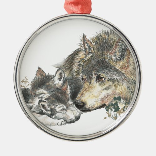 Watercolor Mother Wolf  Cubs Animal Art Metal Ornament