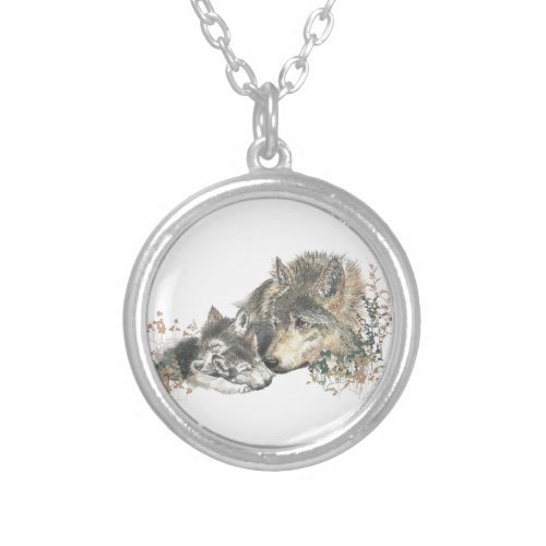 Watercolor Mother Wolf  Cubs Animal Art Silver Plated Necklace