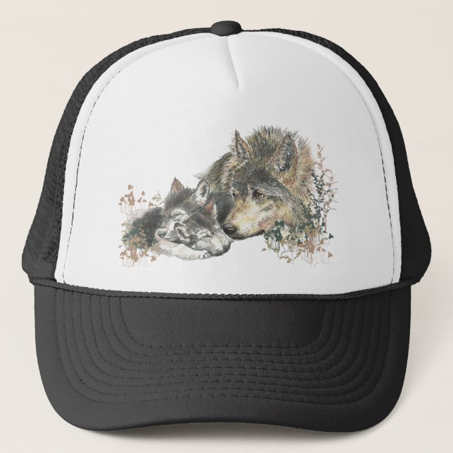 Watercolor Mother Wolf & Cubs Animal Art Trucker Hat (Front)