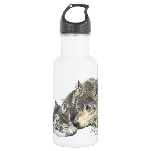 Watercolor Mother Wolf  Cubs Animal Art Water Bottle