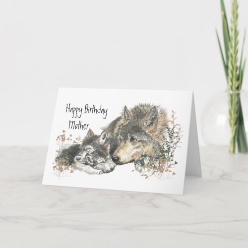 Watercolor Mother Wolf  Cubs Mom Happy Birthday Card