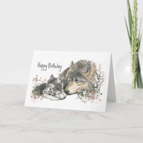 Watercolor Mother Wolf  Cubs Mom Happy Birthday Card