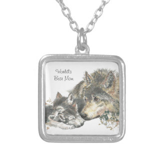 Watercolor Mother Wolf & Cubs Worlds Best Mom Silver Plated Necklace