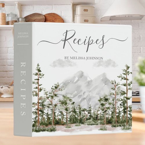 Watercolor Mountain and Forest Cookbook Recipe 3 Ring Binder