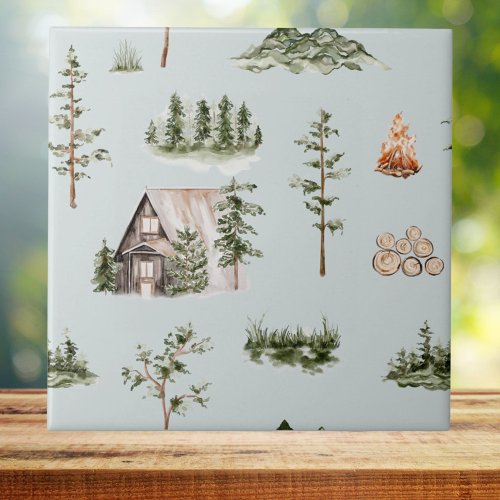 Watercolor Mountain Cabin Forest Seamless Pattern Ceramic Tile