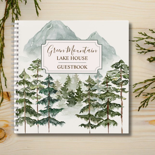 Watercolor Mountain Cabin Lake House Guestbook Notebook (In situ)