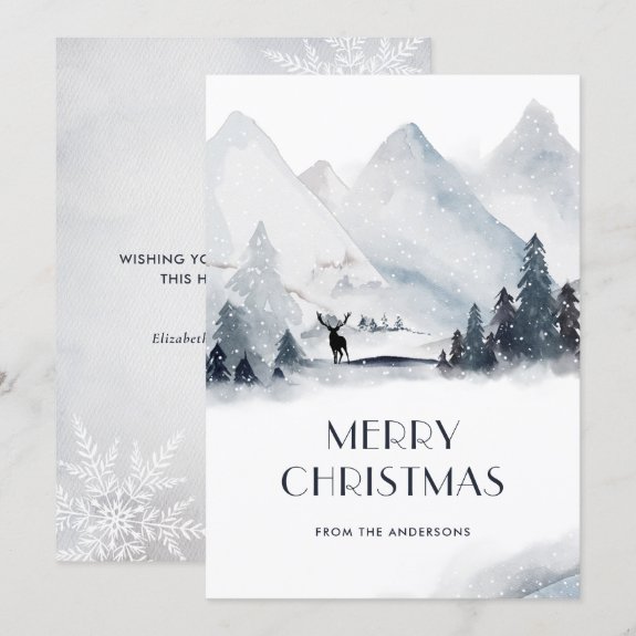 Watercolor Mountain Deer Snowflake Christmas Card