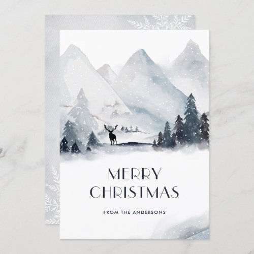 Watercolor Mountain Deer Snowflake Christmas Cards