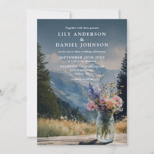 Watercolor Mountain Floral Boho Mason Jar Wedding Invitation