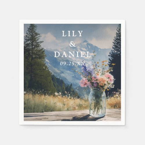 Watercolor Mountain Floral Mason Jar Wedding Napkins