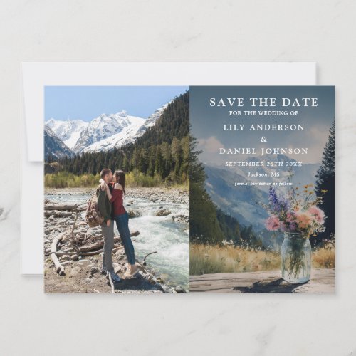 Watercolor Mountain Floral Mason Jar Wedding Photo Save The Date