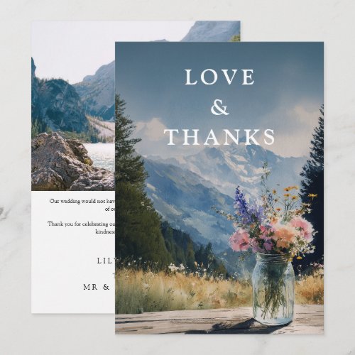 Watercolor Mountain Floral Mason Jar Wedding Photo Thank You Card