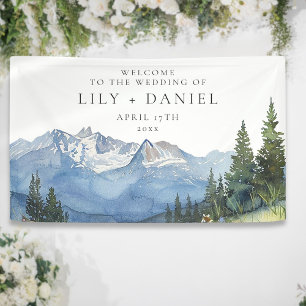 Watercolor Mountain Floral Wedding Welcome Banner
