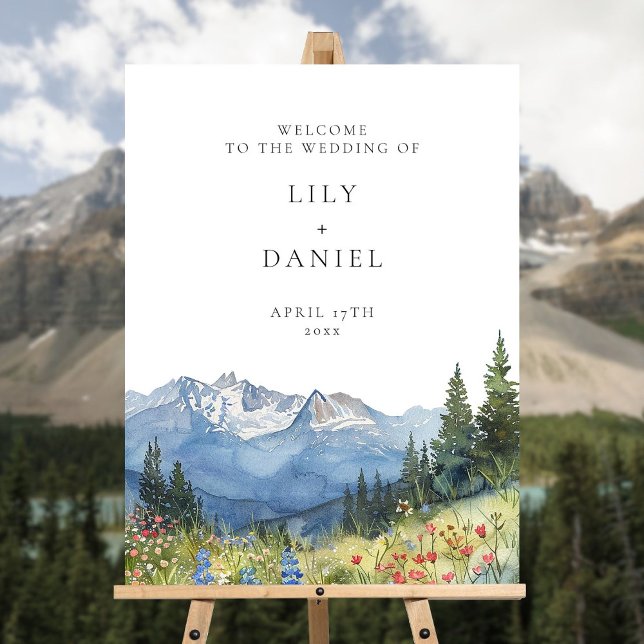 Watercolor Mountain Floral Wedding Welcome Sign (Watercolor Mountain Floral Wedding Welcome Sign)