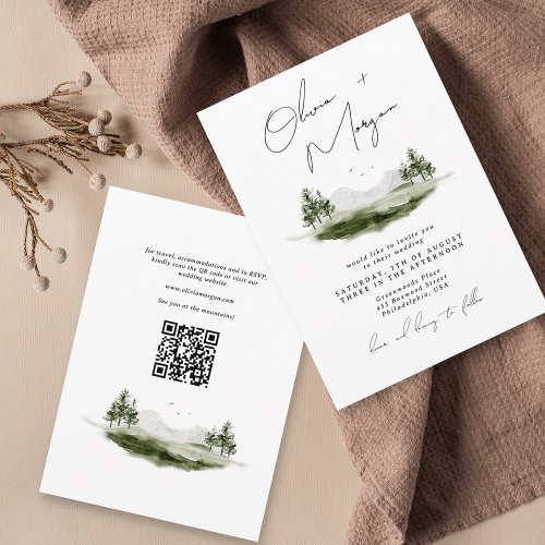 Watercolor Mountain Forest All in One Wedding Invitation