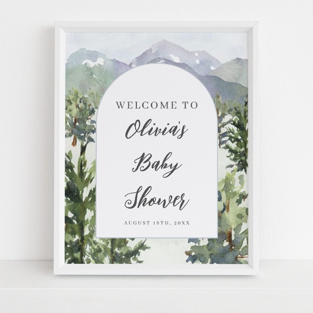 Watercolor Mountain Forest Arch Baby Shower Poster (Creator Uploaded)