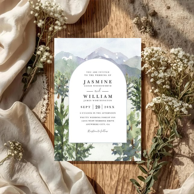 Watercolor Mountain Forest Arch QR Code Wedding Invitation (Creator Uploaded)