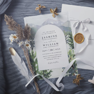 Watercolor Mountain Forest Arch Rustic Wedding Invitation