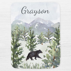 Watercolor Mountain Forest Bear Personalized Boy Baby Blanket
