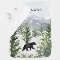 Watercolor Mountain Forest Bear Personalized Boy Baby Blanket