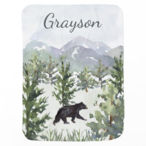 Watercolor Mountain Forest Bear Personalized Boy Baby Blanket Watercolor Mountain Forest Bear Personalized Boy Baby Blanket
