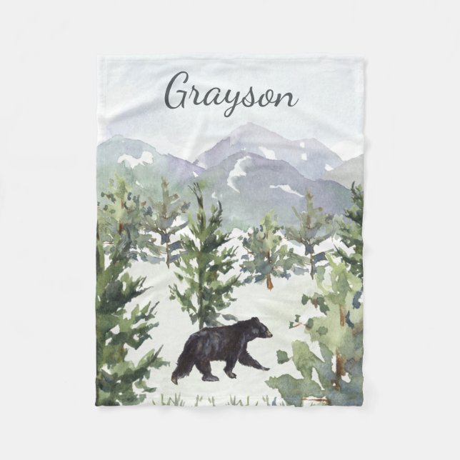 Watercolor Mountain Forest Bear Personalized Boy Fleece Blanket (Front)