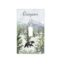 Watercolor Mountain Forest Bear Personalized Boy Light Switch Cover