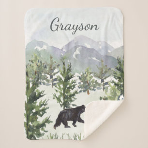 Watercolor Mountain Forest Bear Personalized Boy Sherpa Blanket