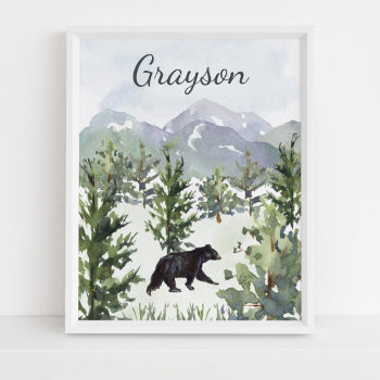 Watercolor Mountain Forest Bear Personalized Poster by printcreekstudio at Zazzle