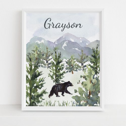Watercolor Mountain Forest Bear Personalized Poster