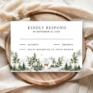 Watercolor Mountain Forest Deer Wedding RSVP Card