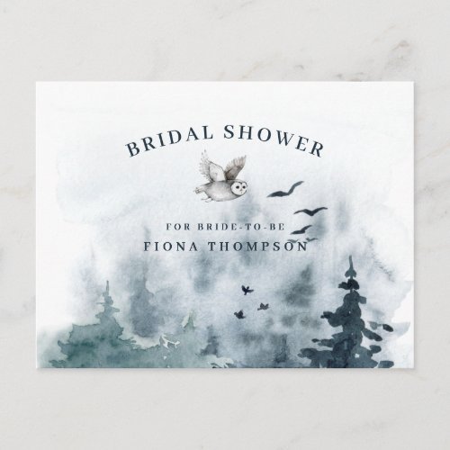 Watercolor Mountain Forest Owl Bridal Shower  Invitation Postcard