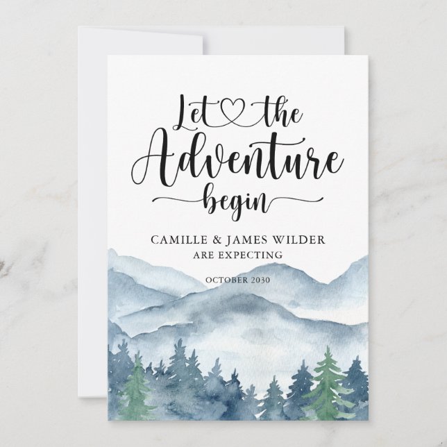 Watercolor Mountain Forest Pregnancy Announcement (Front)