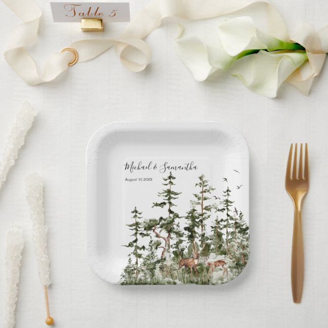 Watercolor Mountain Forest Rustic Wedding Paper Plates (Wedding)