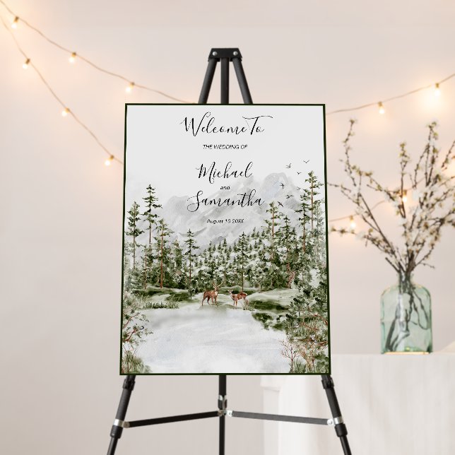 Watercolor Mountain Forest Rustic Wedding Sign (In Situ (Stand))