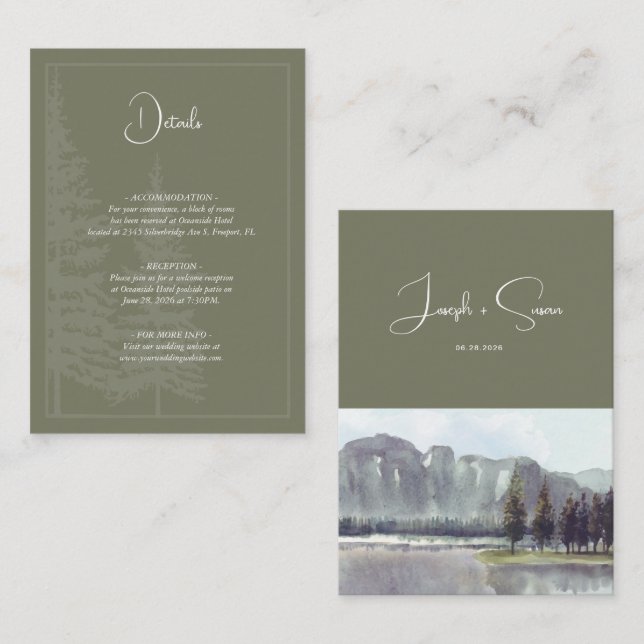 Watercolor Mountain Forest Trees Lake Details Enclosure Card (Front/Back)