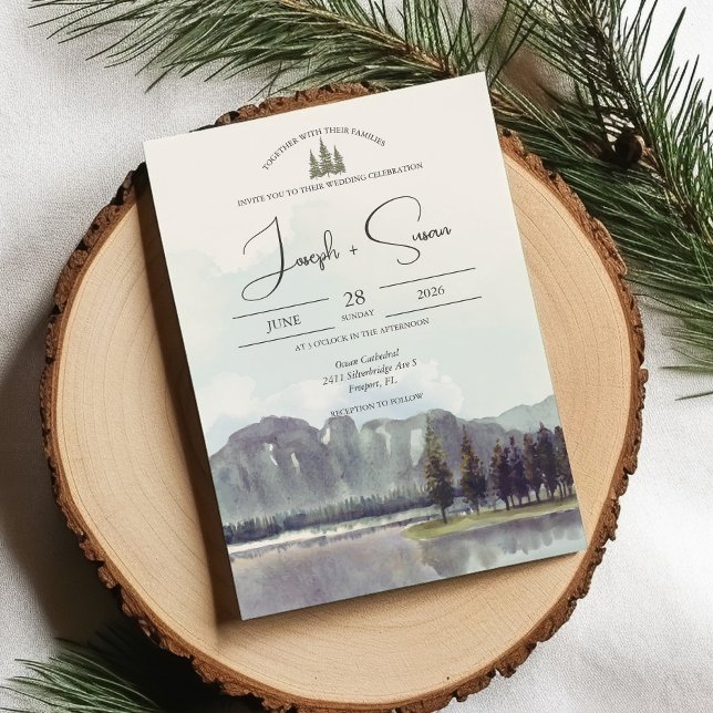 Watercolor Mountain Forest Trees Lake Wedding Invitation (Creator Uploaded)