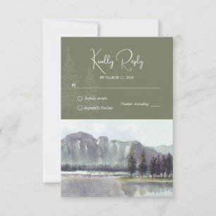 Watercolor Mountain Forest Trees Lake Wedding RSVP Card