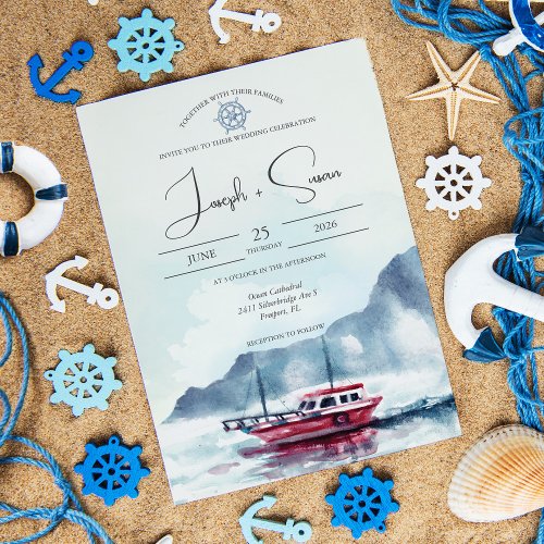Watercolor Mountain Glacier Boat Wheel Wedding Invitation