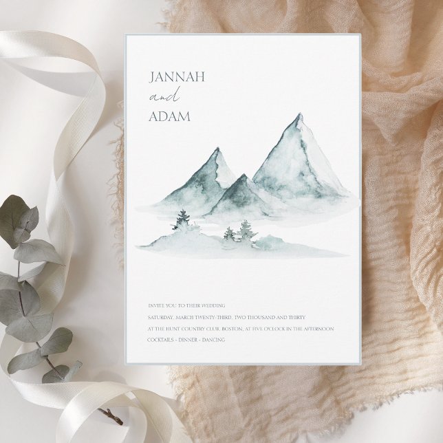 Watercolor Mountain Green and White Wedding Invitation (Creator Uploaded)